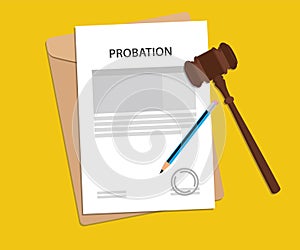 Probation text on stamped paperwork illustration with judge hammer and folder document with yellow background photo