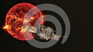 A probe to study the sun, approaching a star. Elements of this image were furnished by NASA. 3d rendering.