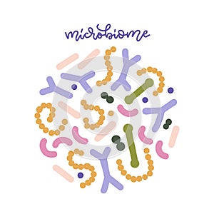 Probiotic bacteria set in circle composition with lettering word. Gut microbiota with healthy prebiotic bacillus