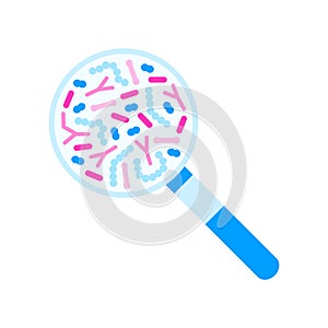 Probiotic bacteria set in magnifying glass. Gut microbiota with healthy prebiotic bacillus.