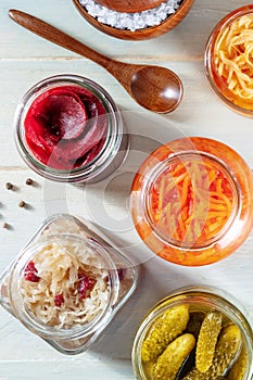 Probiotic foods. Fermented food. Canned sauerkraut, carrot, pickles etc