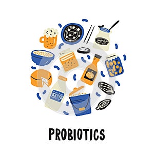 Probiotic. Hand drawn circle illlustration in doodle style. Vector