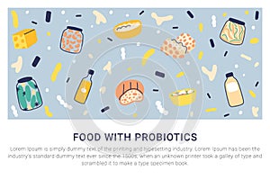 Probiotic sources. Food with probiotics doodle poster