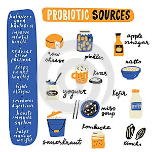 Probiotic sources. Hand drawn infographic poster with probiotic foods and its benefits. Made in vector. photo