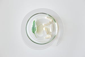 Probiotic supplement in capsules and plant leaf in glass petri dish on white background, above. Concept dietary supplement natural photo