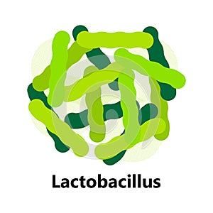 Probiotics bacteria. Lactobacillus, bulgaricus logo with text. Amorphous symbols for milk products are shown such as yogurt, photo