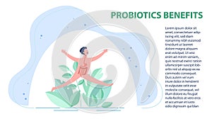 Probiotics benefits. Scheme of influence of probiotics on a human body.