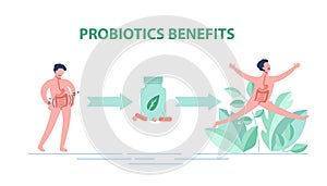 Probiotics benefits. Scheme of influence of probiotics on a human body.