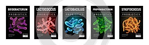 Probiotics and health vertical banners set with bacteria symbols flat isolated illustration