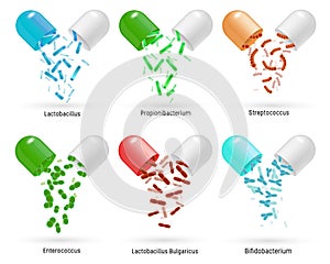 Probiotics pills set, realistic vector  illustration