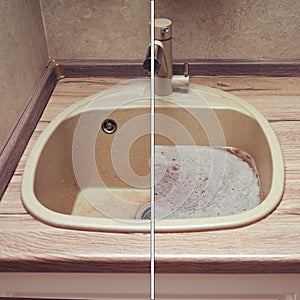 The problem of a clogged kitchen sink. Before and after removing the cause of blockages