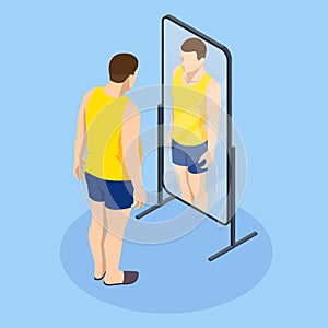 Problem of excess weight and health. Isometric Fat man looks in the mirror and sees herself as slim. Health risk