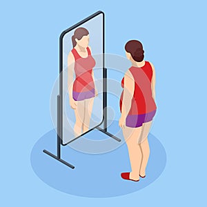 Problem of excess weight and health. Isometric Fat woman looks in the mirror and sees herself as slim. Health risk photo
