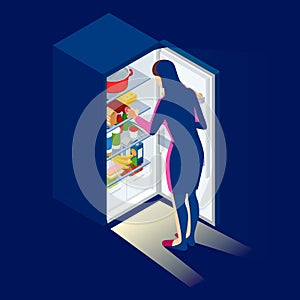 Problem of excess weight and health. Woman by the open refrigerator at night. Isometric young woman looking at fridge.