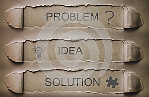 Problem, idea, solution on torn paper.
