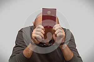 The problem of illegal immigration refugees Colombia, Colombian immigrant handcuffed with a passport in his hands. Illegal border