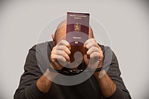 The problem of illegal immigration of refugees from Romania, Romanian immigrant in handcuffs. Illegal border crossing, border tres