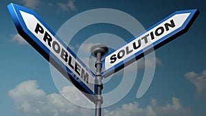 Problem - Solution blue arrow street signs - 3D rendering illustration