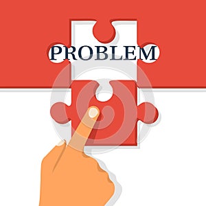 Problem and solution concept. Businessman holding in hand piece of jigsaw puzzle.