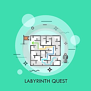 Problem solution and decision making concept, successful business strategy, labyrinth quest icon