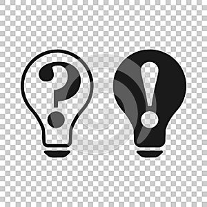 Problem solution icon in transparent style. Light bulb idea vector illustration on isolated background. Question and answer