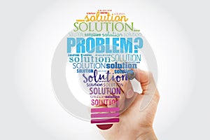 Problem and solution light bulb word cloud collage, business concept background