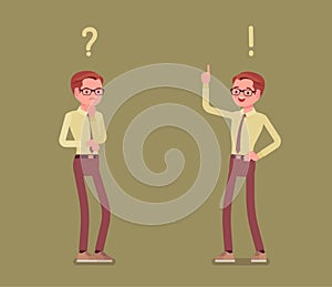 Problem and solution, man thinking with question, exclamation marks