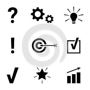 Problem solution sign icon pictogram. Question exclamation check tick mark gear light bulb target aim idea symbol