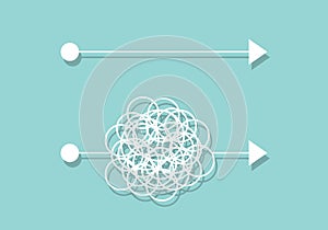 Concept of problem solve solution. Straight line and complicated line comparison.
