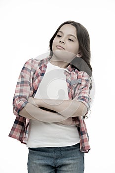 Problem solved. Girl confident face feels superiority. Girl folded arms on chest looks cool, isolated white background