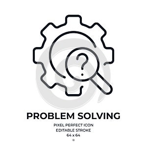 Problem solving concept. Cogwheel with a question mark editable stroke outline icon isolated on white background flat vector