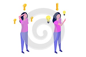 Problem solving concept. Isometric woman thinking with question mark