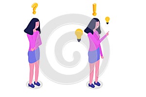 Problem solving concept. Isometric woman thinking with question mark.