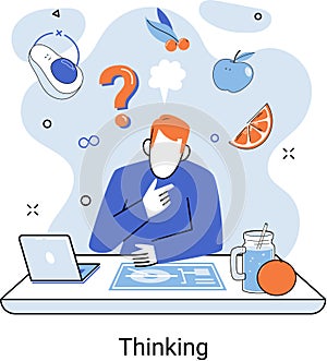 Problem solving concept, man thinking sitting at table, with question mark and fruits icons