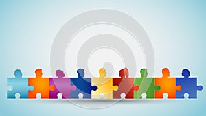 Problem solving. Concept teamwork or community. Group of colorful silhouette heads people forming puzzle pieces. Collaboration and