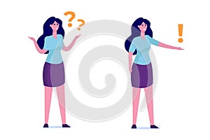 Problem solving concept. Woman thinking about problem with question mark.