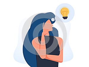 problem solving concept  woman thinking  with question mark and light bulb icons. creative idea. Hand drawn style vector
