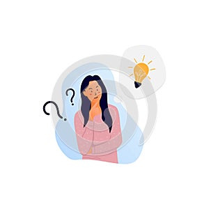 Problem solving concept, woman thinking vector, with question mark and light bulb icons. Hand drawn style vector design