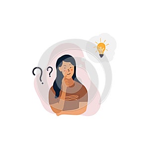 Problem solving concept, woman thinking vector, with question mark and light bulb icons. Hand drawn style vector design