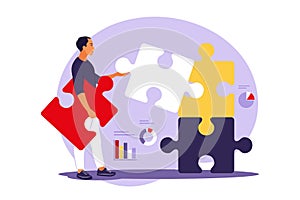 Problem solving. creative decision, difficult task concept. Man assembling puzzle. Cooperation and teamwork. Vector illustration.