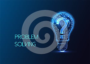 Problem solving, critical thinking futuristic concept with lightbulb and question mark on blue