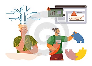 Problem-solving and decision-making with technology, data analysis, and teamwork collaboration concepts