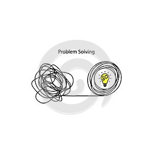 Problem solving illustration concept. Tangled and unraveled tangle with light bulb, abstract metaphor