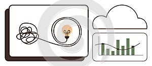 Problem Solving, Data Analysis, and Innovation Concept with Lightbulb, Cloud, and Graph Elements