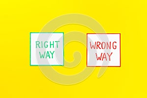 Problem solving. Right and wrong way icons on work desk from above