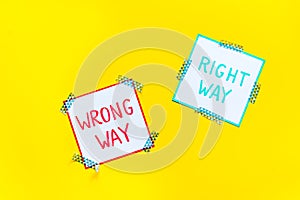 Problem solving. Right and wrong way icons on work desk from above