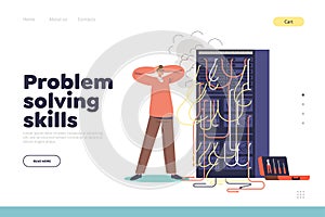Problem solving skills concept of landing page with worried sysadmin look at burning computer server