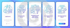 Problem-solving skills navy onboarding mobile app page screen with concepts
