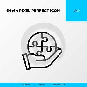 Problem solving and Solution Icon Concept. Circle puzzle jigsaw on hand. 64x64 vector line icon style