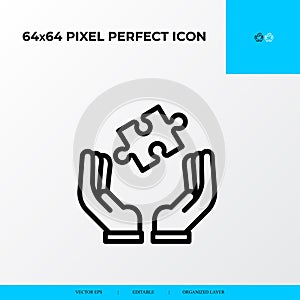 Problem solving and Solution Icon Concept. hand and piece of puzzle. 64x64 vector line icon style